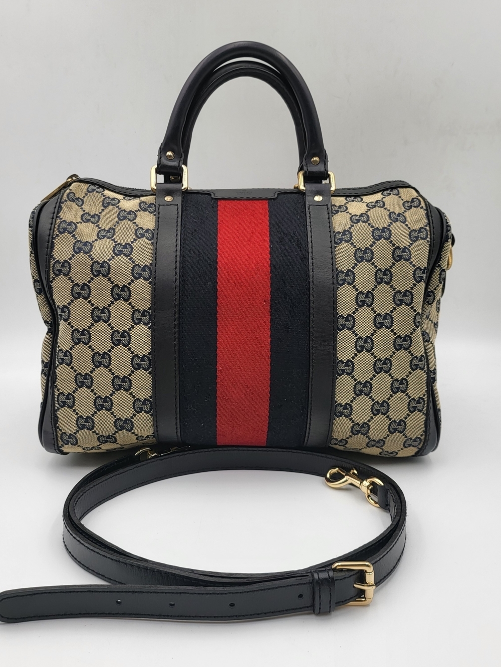 GUCCI Monogram Selleria Calfskin Vintage Web Medium Boston Black, Auth. w/COA..